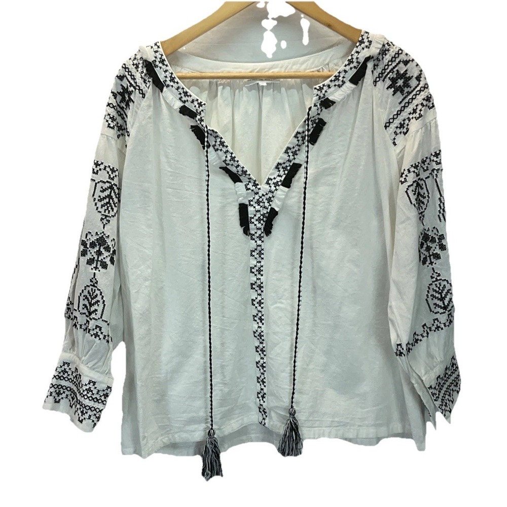 Free the Roses Blouse White Boho‎ Peasant Top Embroidered Long Sleeve Sz L